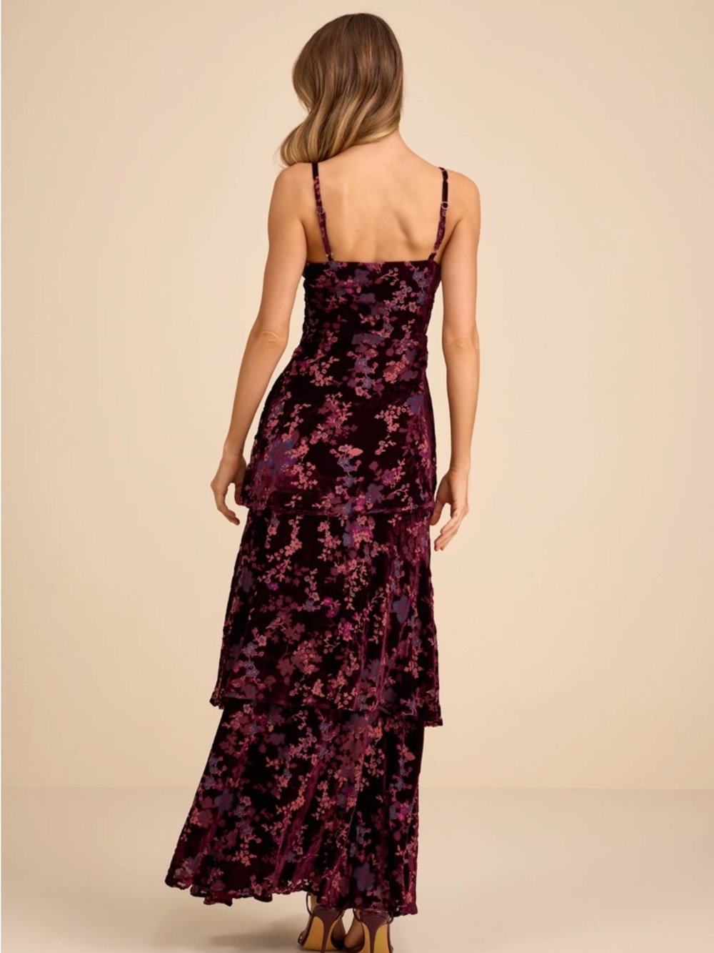 Lulus I Love You Amore Plum Purple Floral Velvet Tiered Maxi Dress - Size M - Picture 2 of 5